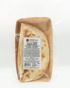 Crescione con tonno, pomodori secchi, olive verdi e mozzarella – senza glutine e senza lattosio, Romagna Free — confezione