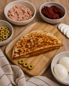 Crescione con tonno, pomodori secchi, olive verdi e mozzarella – senza glutine e senza lattosio, Romagna Free — impiattato