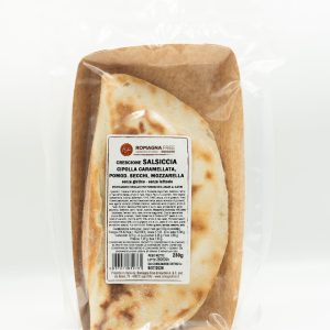 Crescione con salsiccia, cipolle caramellate, pomodori secchi e mozzarella – senza glutine e senza lattosio, Romagna Free — confezione
