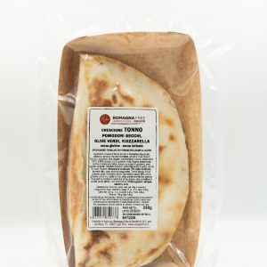 Crescione con tonno, pomodori secchi, olive verdi e mozzarella – senza glutine e senza lattosio, Romagna Free — confezione